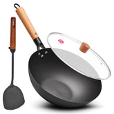 WANGYUANJI 11.8 Inch Iron Wok with Glass Lid, Flat Bottom Stir Fry Pan with Wooden Handle, Non-Coated Naturally Nonstick Skillet, Traditional Chinese Wok for Gas, Electric & Induction Cooking